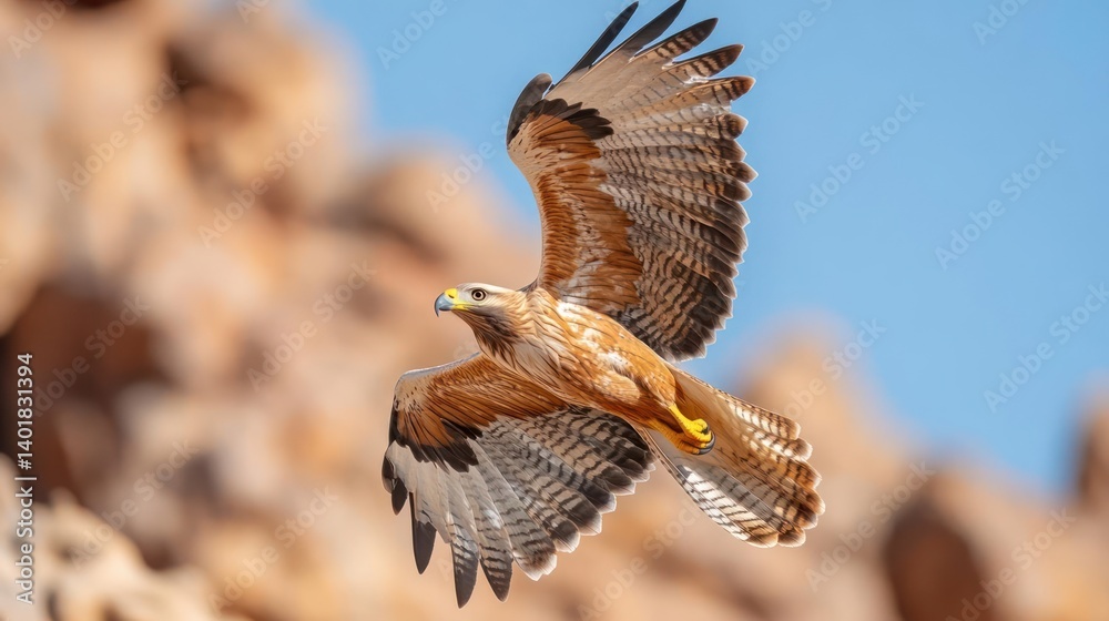 Aufkleber A light brown hawk with distinctive feather patterns soars against a blurred background of rocky cliffs and a clear blue sky, wings fully extended in mid-flight. The hawk's sharp gaze and poised