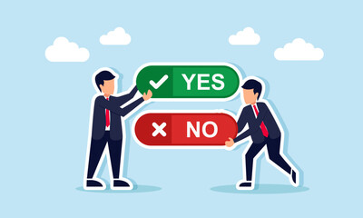 A businessman holds a sign that says YES and another holds a sign that says NO, illustration of debate during discussion or sharing about business decisions