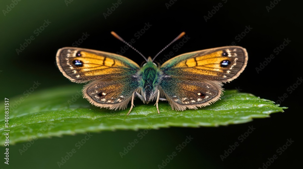 Poster close up of a vibrant orange and brown butterfly with intricate patterns on its wings, perched on a 