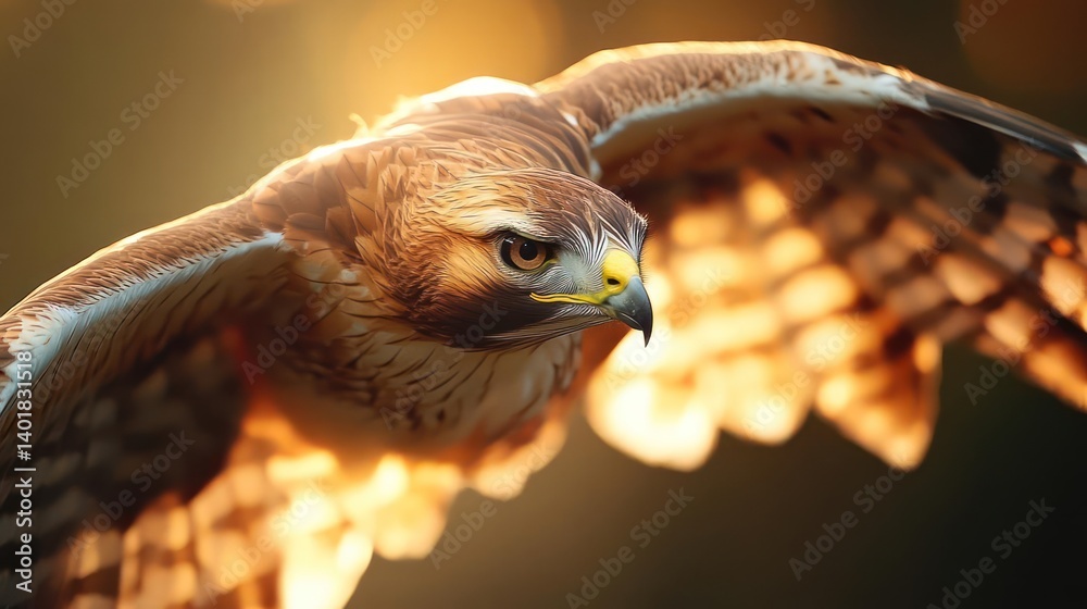 Poster Close-up, low-angle shot of a sharp-shinned hawk in flight with blurred background. The hawk's wings are spread and its eye is focused. The lighting emphasizes its feathers, creating a natural and