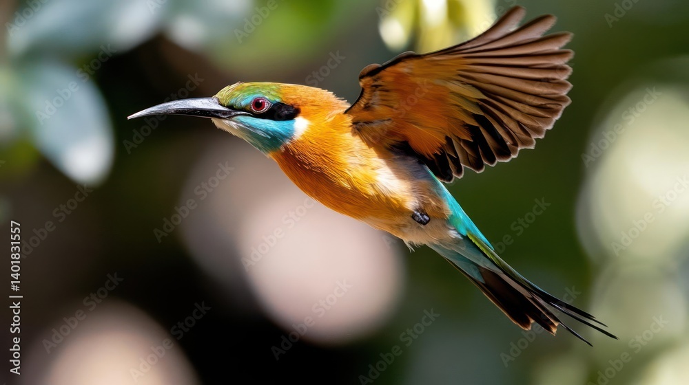 Poster a vibrant bird is captured mid flight, showcasing its orange plumage and a blurred backdrop with gre