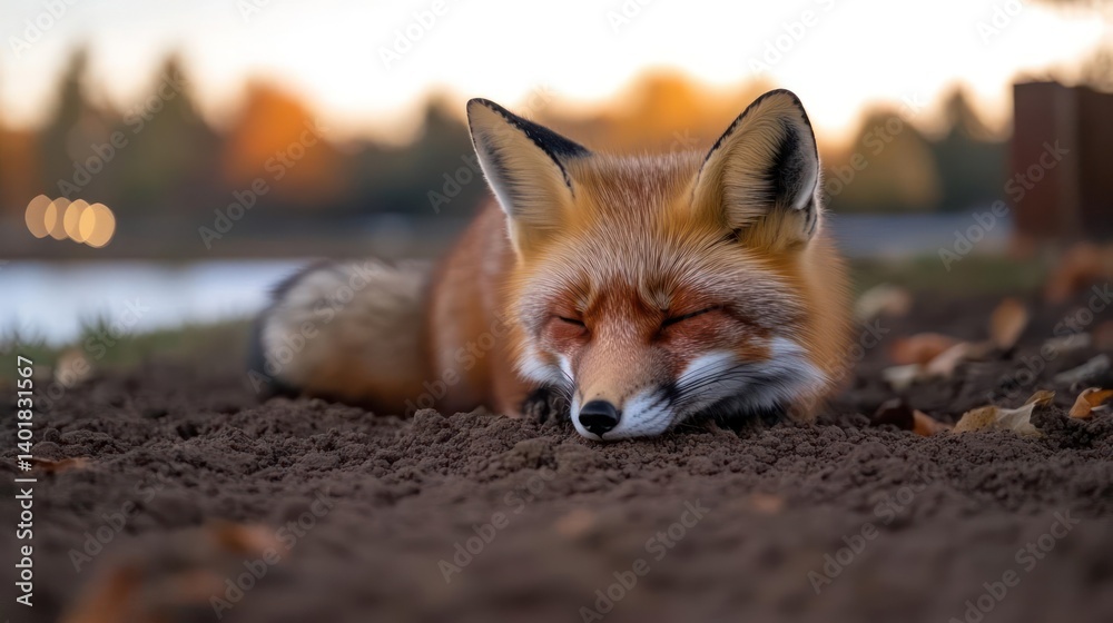 Aufkleber close up of an orange fox with white markings sleeping in a dark dirt pit, with autumn trees and a b