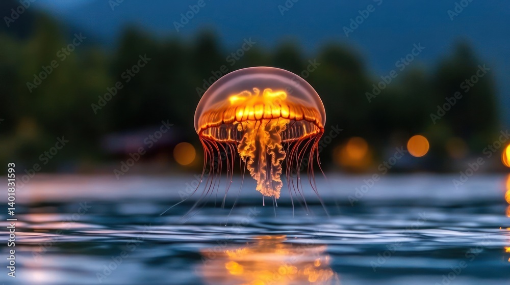 Aufkleber close up shot of an orange jellyfish floating on water, with a bokeh background and green trees. the