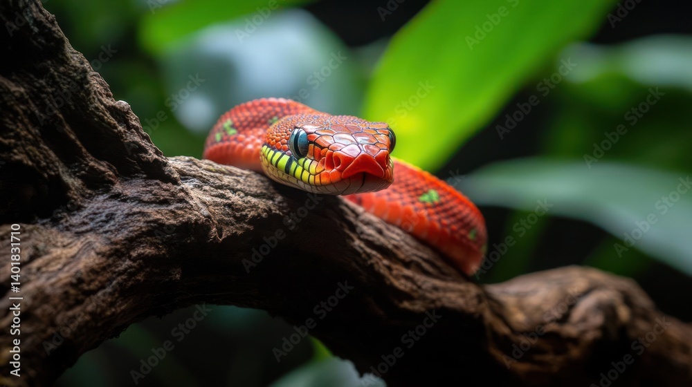 Aufkleber Striking close-up of a red snake with green spots coiled on a weathered branch against a backdrop of lush green foliage. The snake's vibrant colors contrast with the earthy tones of the branch