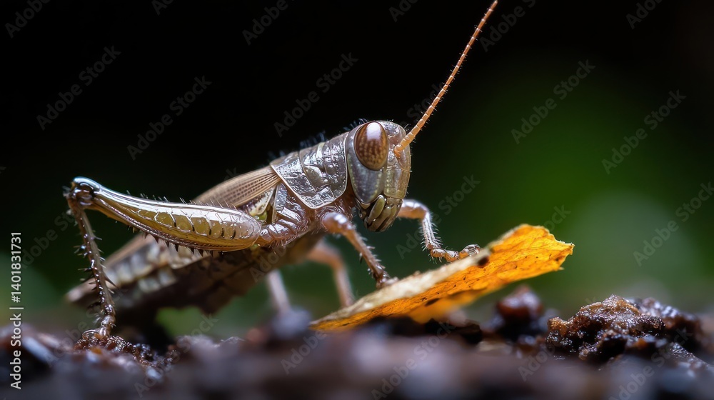 Poster Macro image features a detailed close-up of a grasshopper with brown and textured exoskeleton. Perched on dark soil with small pebbles and a vibrant yellow leaf fragment, set against a blurred