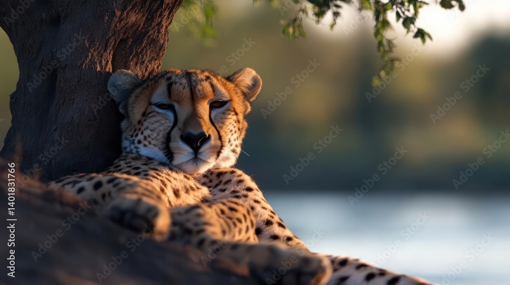 Aufkleber Captured in warm light, a cheetah with a spotted coat rests against a tree trunk, its gaze directed forward. Soft foliage overhangs, with a blurred body of water and trees forming the backdrop