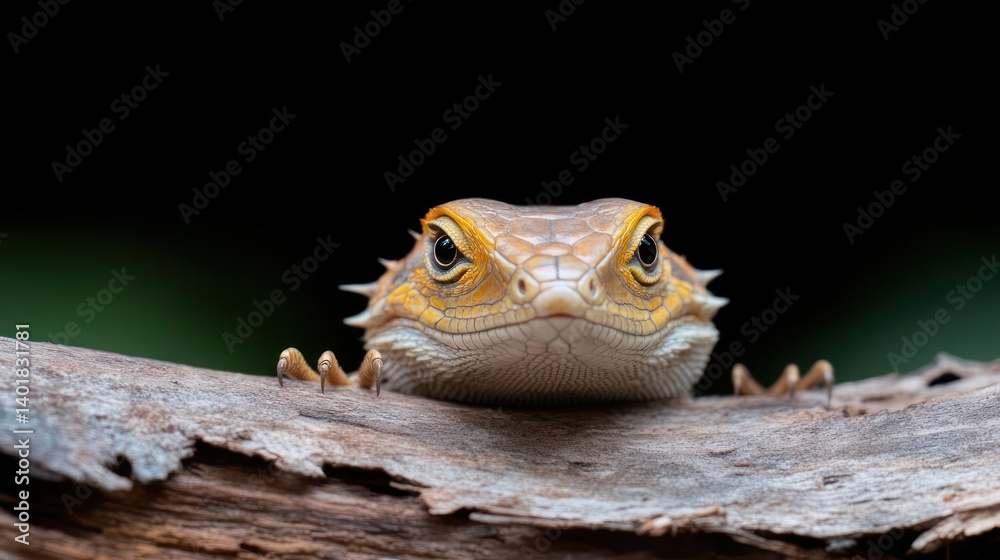 Poster a close-up captures a bearded dragon perched on a weathered branch. the lizard's scales exhibit shad
