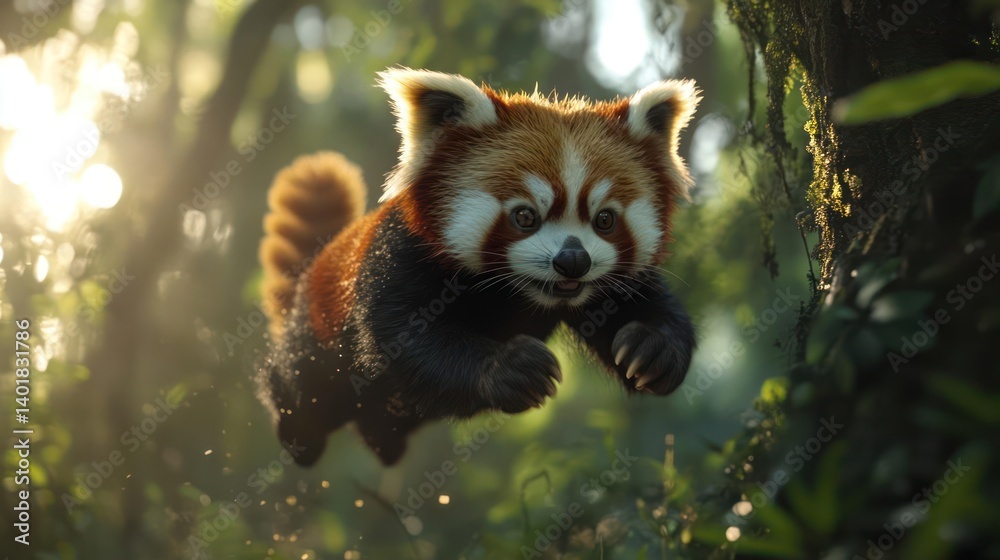 Poster a fluffy red panda leaps through a lush green forest illuminated by golden sunlight. its reddish-bro