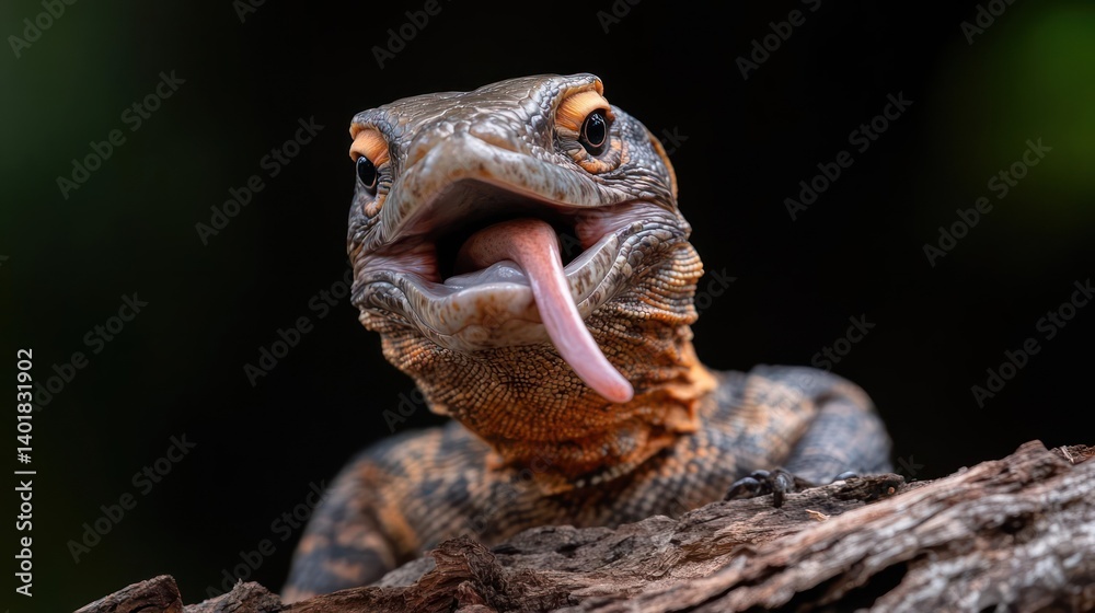 Poster close up of a spiny neck lizard with tongue out, perched on weathered wood, against a blurred backgr