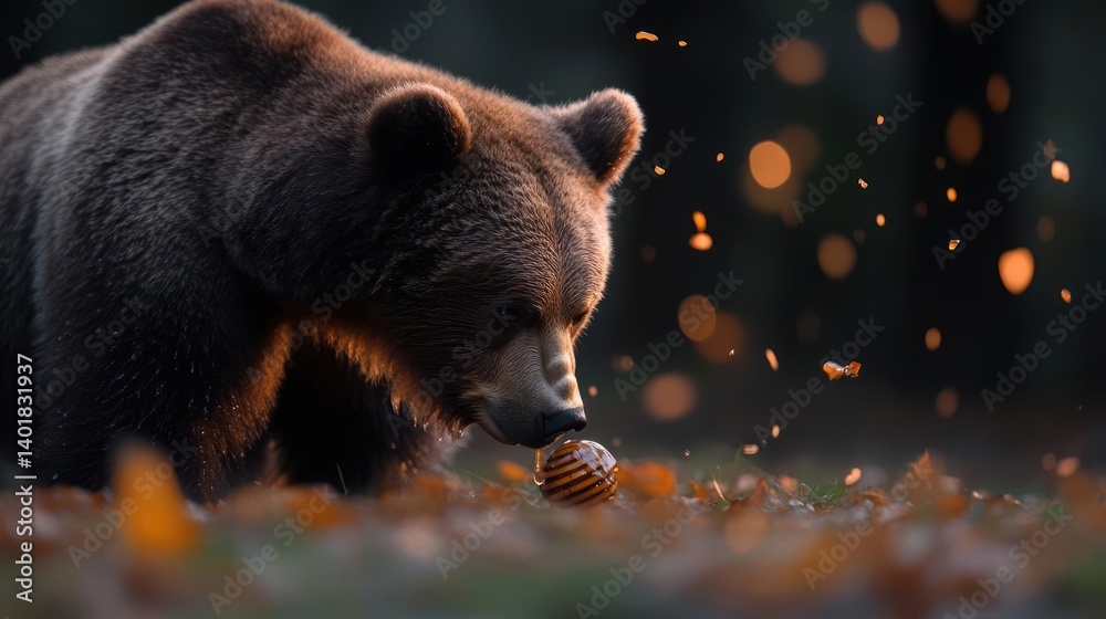 Poster a striking shot captures a brown bear foraging in a forest setting, its fur highlighted by warm ligh