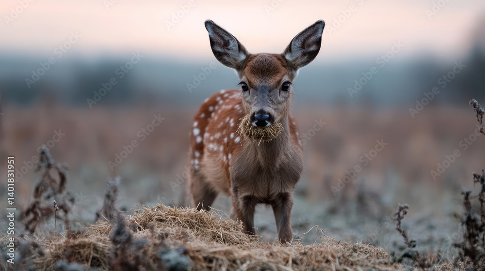 Poster a young deer with a reddish-brown coat spotted with white stands alert in a field, bits of dried fol