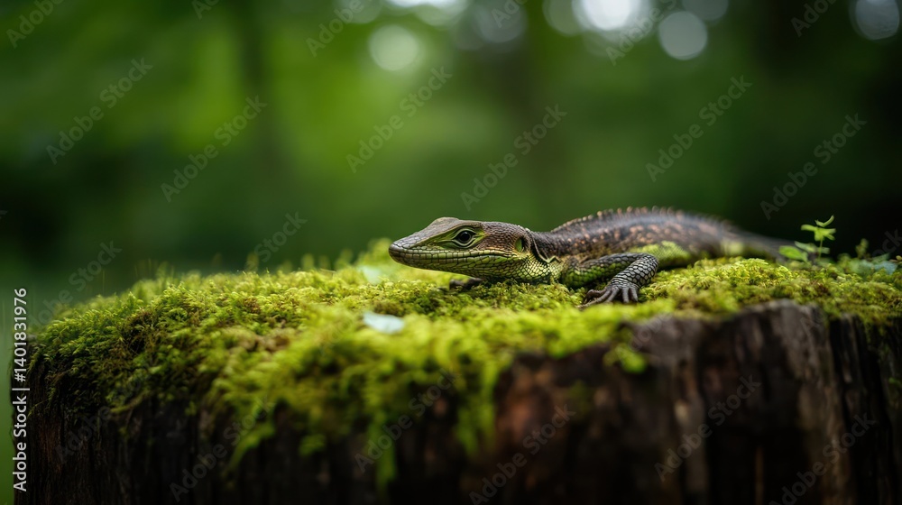 Poster Close up shot of a lizard resting on a mossy tree stump in a forest. The lizard has dark spots on its back and is surrounded by lush green foliage. The lighting is soft and natural, highlighting the