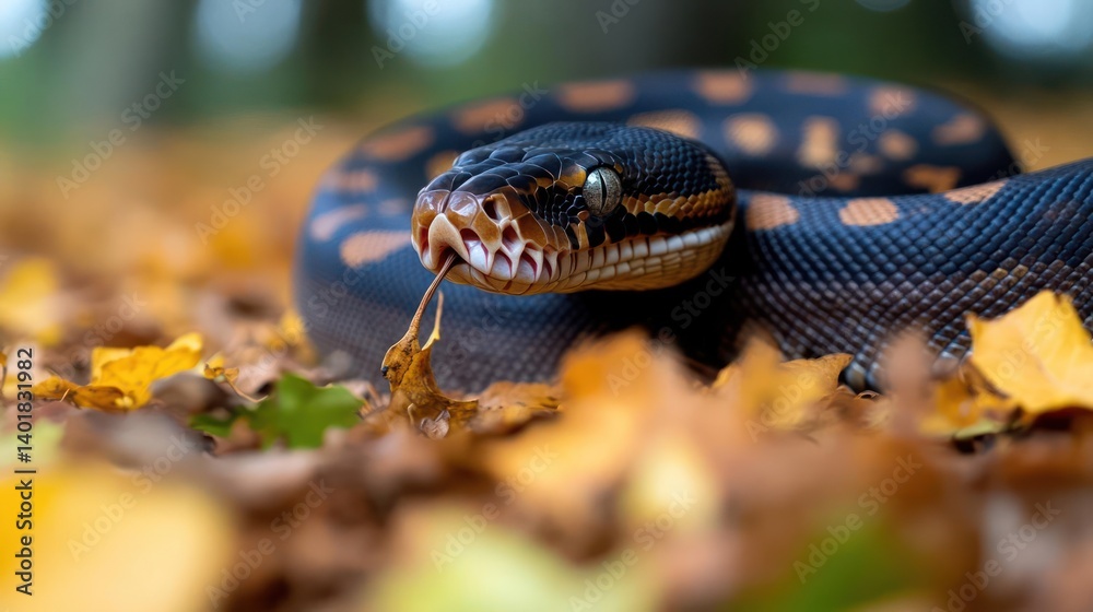 Poster Close up of a black snake with orange markings, its mouth slightly open, resting on a bed of fallen leaves in autumn colors. The focus is sharp on the snake's head with a shallow depth of field