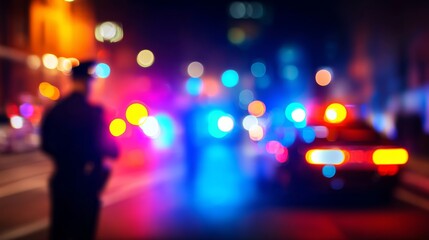 Abstract blurry view of police car lights and unrecognizable officer on dark night street during patrol or emergency response, representing crime scene, law enforcement and urban security