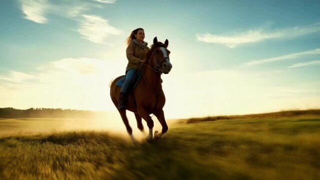 A woman gracefully rides her horse across the vast, golden sands of the desert landscape.