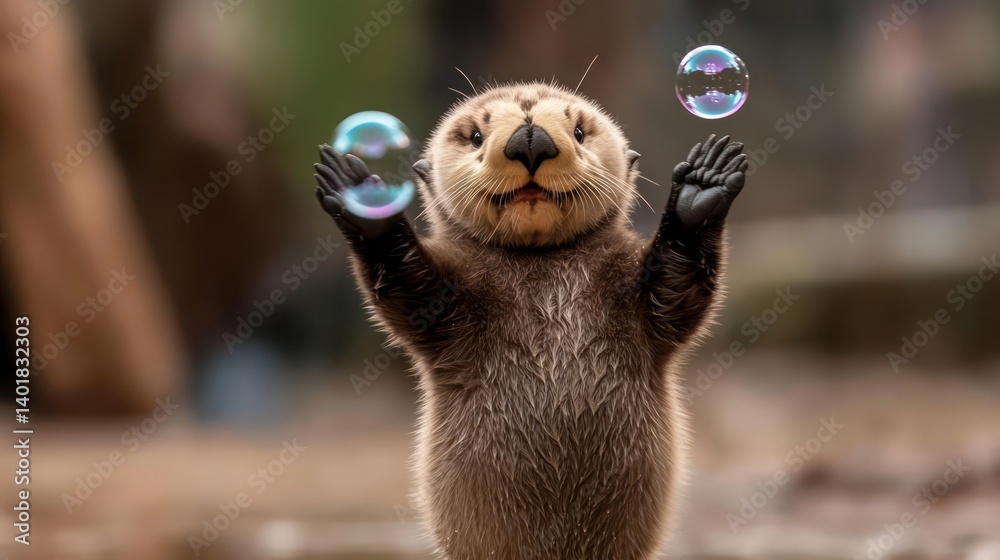 Aufkleber A playful otter cub with brown fur reaches up towards two digitally enhanced bubbles in an outdoor setting, with a blurred background adding depth to the scene