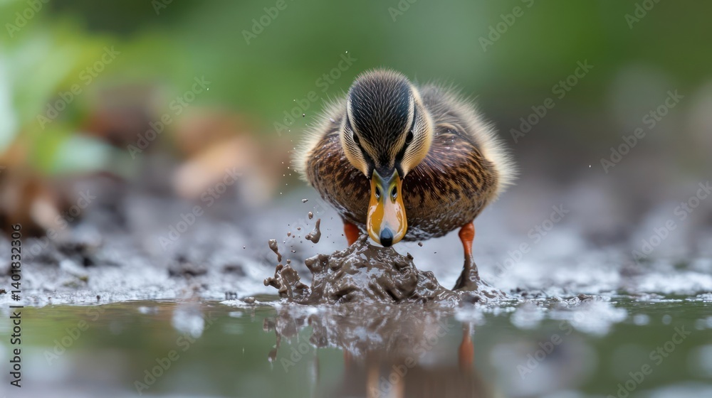 Poster Close-up of a small duckling wading in a puddle of water on a muddy surface, creating a splash. The background is a blur of soft green foliage, focusing attention on the duckling's interaction with