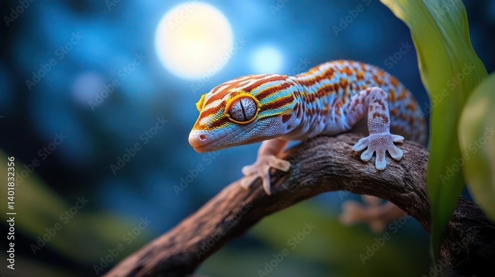 Poster captivating close-up of a gecko resting on a branch, showcasing its vibrant orange and blue stripes 