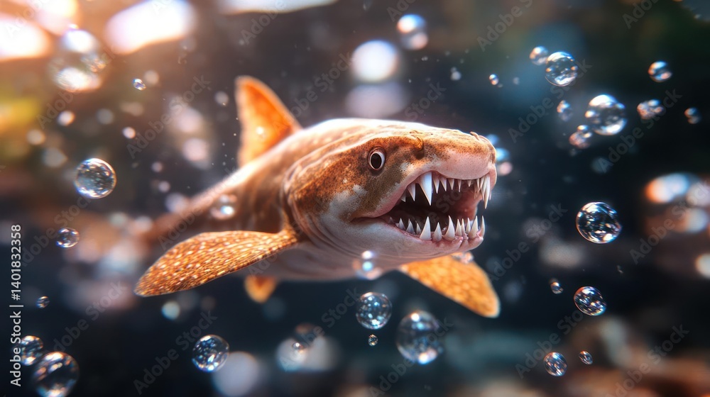 Poster detailed shot of an ancient sea creature with sharp teeth, swimming amongst bubbles under sunlight. 