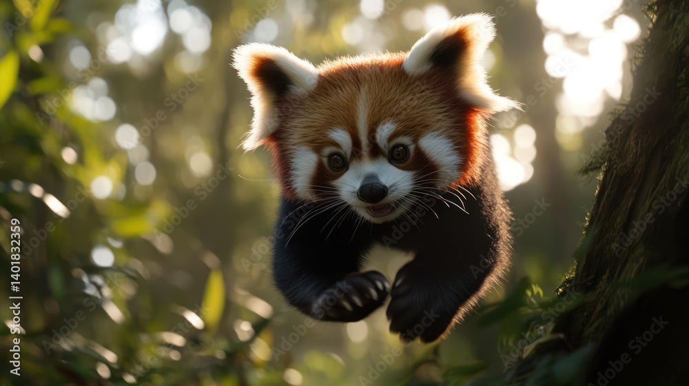 Poster A red panda leaps through a forest, its reddish-brown fur highlighted by dappled sunlight filtering through the trees. The lush green foliage forms a bokeh background, emphasizing the panda's dynamic