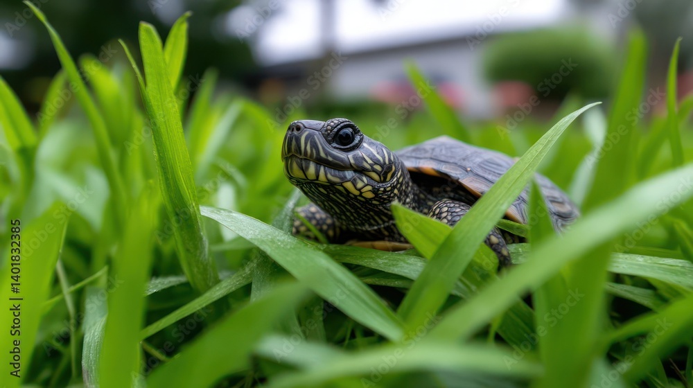 Aufkleber Close-up of a pond turtle resting in lush green grass, showcasing its patterned shell and attentive gaze with soft focus on the background