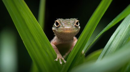 A close-up shot showcases a small brown lizard perched amidst vibrant green leaves, its eyes gazing directly at the viewer, set against a blurred, dark background enhancing its presence