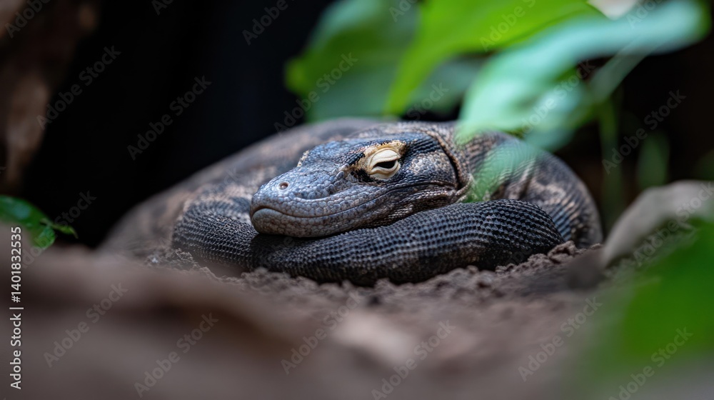 Poster A curled-up lizard with gray and black scales is partially buried in dirt. Green leaves are present in the foreground and background adding a natural element to the close-up shot. The lizard is the