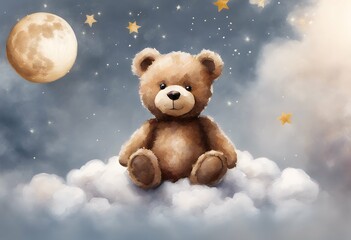 watercolor sitting little teddy bear stars draw hand background illustration isolated cloud brown white moon nubes flower toy valentine birthday cute holiday pink love rabbit poultry soft nature