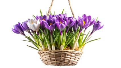 Obraz premium Panoramic Spring Crocus Bloom Hanging Basket Photography - Vibrant Purple, Yellow, White Flowers