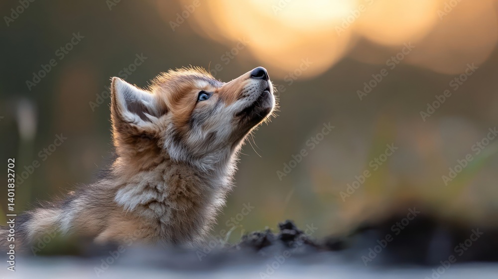 Poster close up portrait of a young fox pup looking up towards bokeh light, with soft natural light illumin