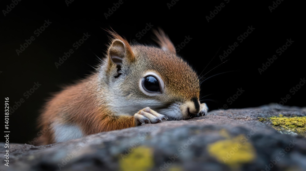 Poster close-up of a fluffy red squirrel resting on a rock covered with moss, set against a dark, blurred b
