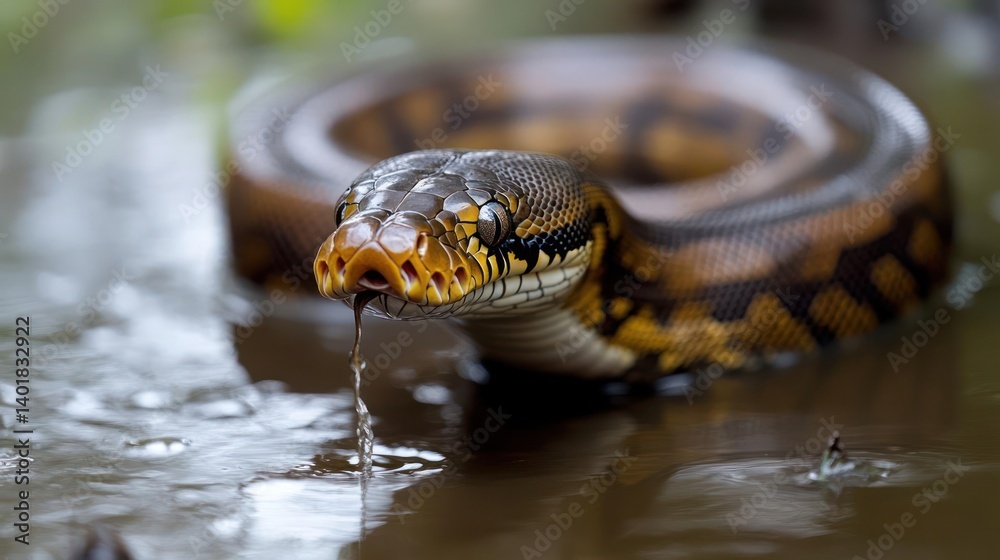 Aufkleber close-up of a snake with brown and yellow pattern in a murky swampy environment. the snake is half s