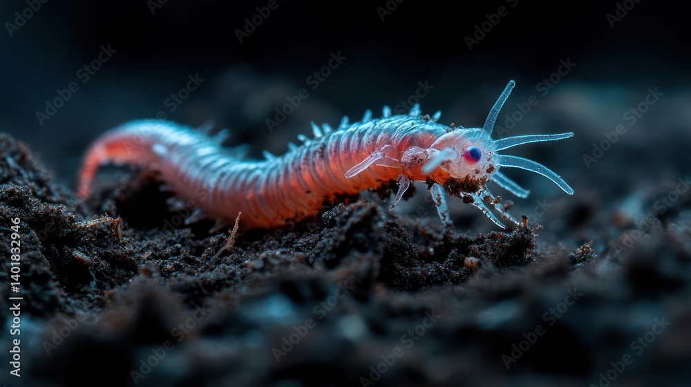 Poster Macro shot displays a translucent, pink worm with white tendrils crawling on dark soil against a blurry black backdrop, emphasizing its delicate structure and moist texture in a natural setting