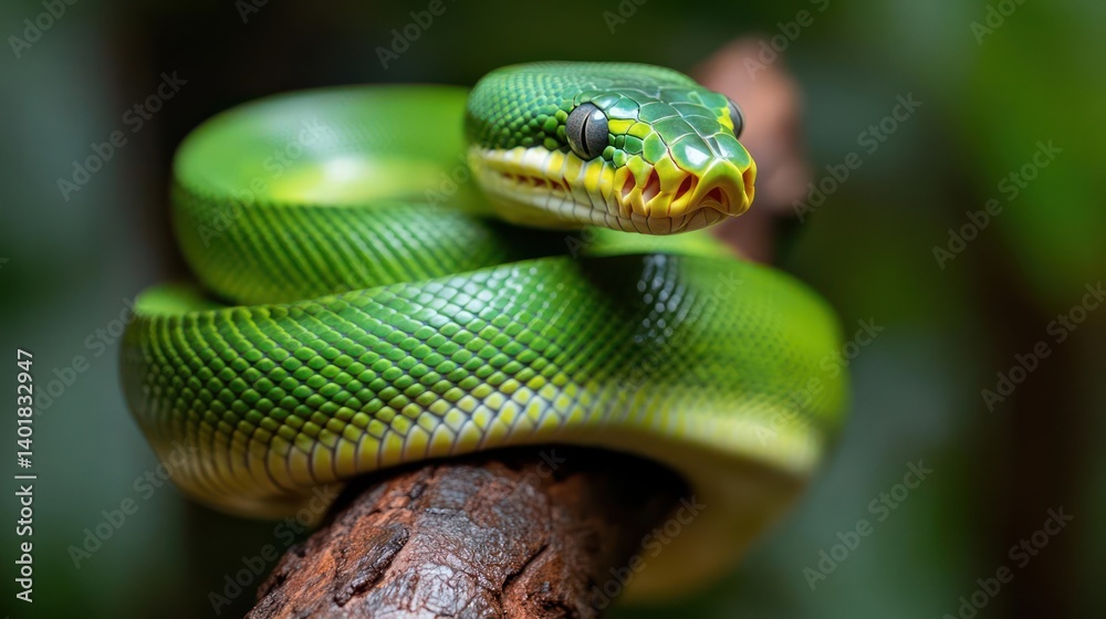 Poster close-up shot of a vibrant green tree python coiled on a branch, featuring its detailed scales and y