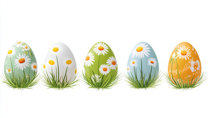 A collection of painted easter eggs celebrating a Happy Easter lying in green meadow grass against an isolated white background