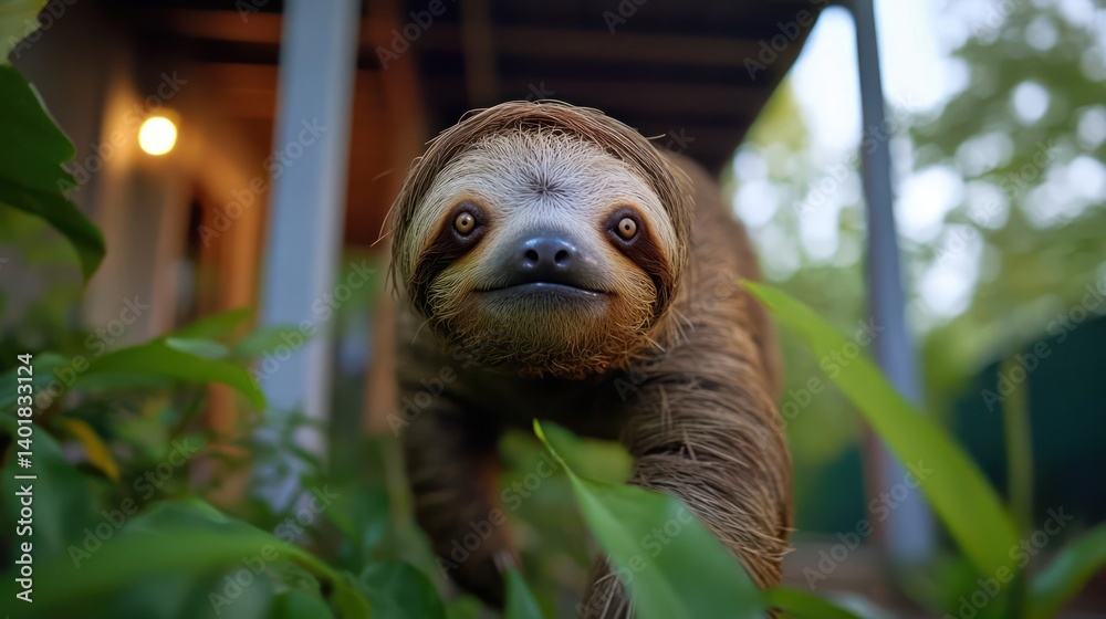 Poster Close-up shot of a brown sloth emerging from lush green foliage, showcasing its furry texture and gentle expression. The background features soft lighting and a glimpse of a building