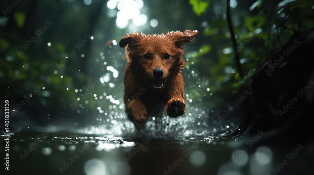 Poster A wet golden retriever puppy is joyfully bounding through shallow water, splashing dynamically against a dark green forest backdrop. Sunlight filters through trees, illuminating the playful movement