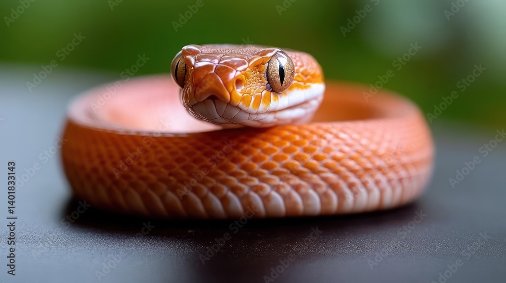 Poster A close-up macro shot showcases a coiled orange snake on a dark surface against a soft green background. The snake's head is prominently featured with intricate scale details and mesmerizing eyes