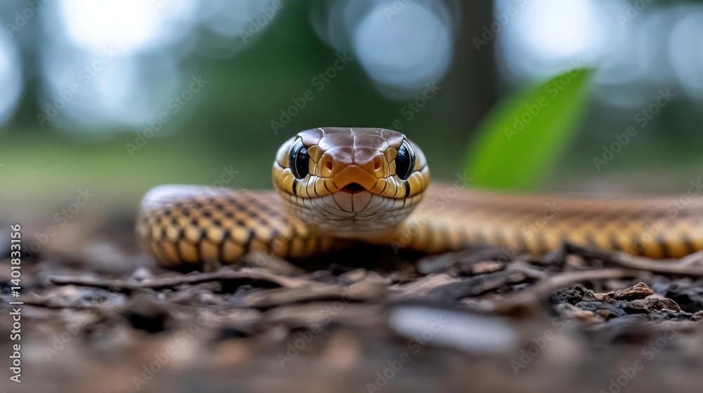 Poster close up shot of a brown and tan snake with a pointed head, black eyes, and patterned skin, resting 