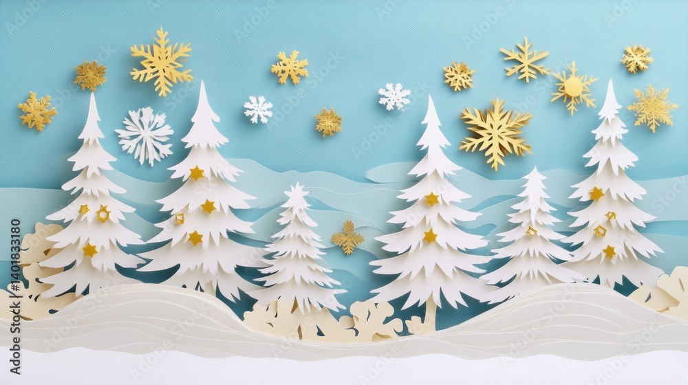 Aufkleber Delicate paper cutout trees adorned with golden stars and snowflakes create a whimsical winter landscape in a serene setting
