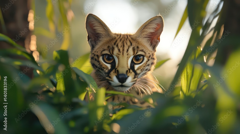 Poster captivating close-up of a wild serval cat nestled amidst lush green foliage, bathed in golden sunlig