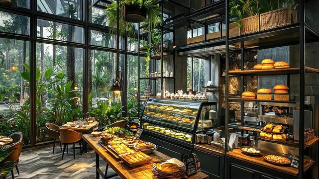 Lush cafe interior with pastries and breads
