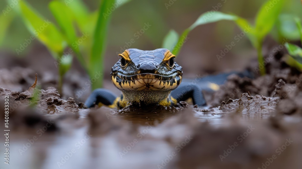 Aufkleber Detailed close-up of an alpine newt with a distinct black and yellow pattern, emerging from muddy water amidst fresh green sprouts, captured with shallow depth of field focusing on the newt's face