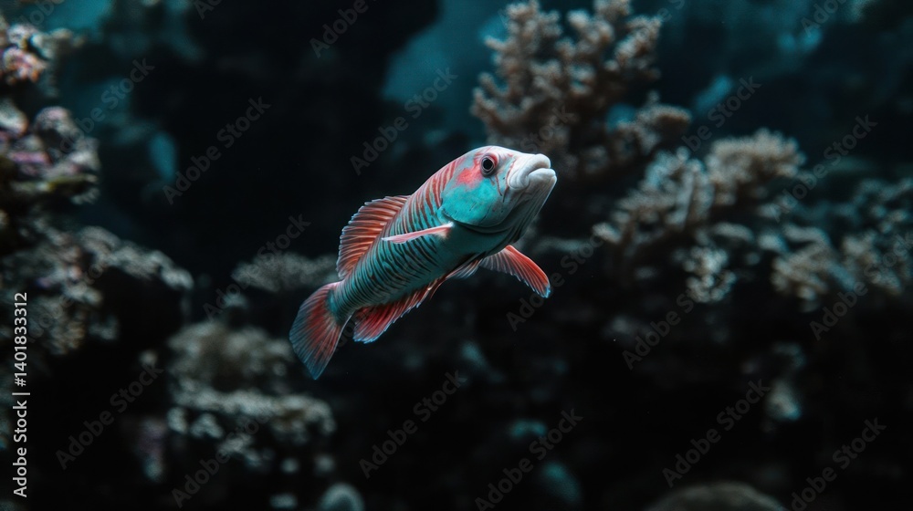 Aufkleber a close-up shot of a colorful fish swimming in a dark aquarium, its scales displaying patterns of re