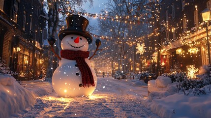 Fototapeta premium Cheerful Snowman Surrounded by Twinkling Holiday Lights in Winter Scene