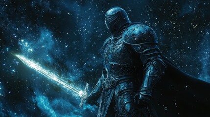 Space Knight with Glowing Sword in a Starry Galaxy Background