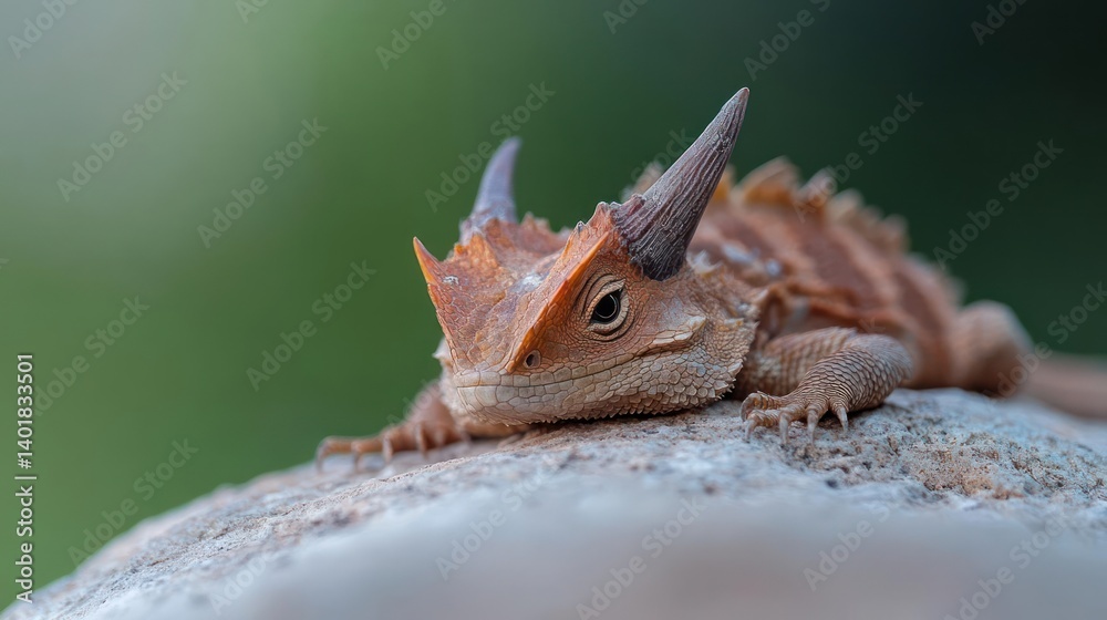 Poster a close-up captures a horned lizard perched on a textured surface, its spiky protrusions and earthy 