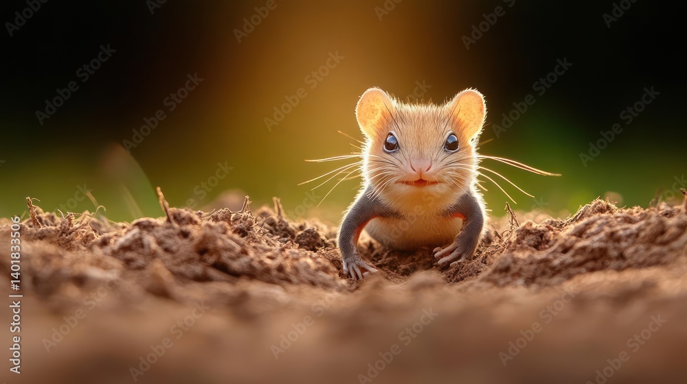 Poster close-up of a brown field mouse emerging from a mound of dirt with a blurred background. the mouse i