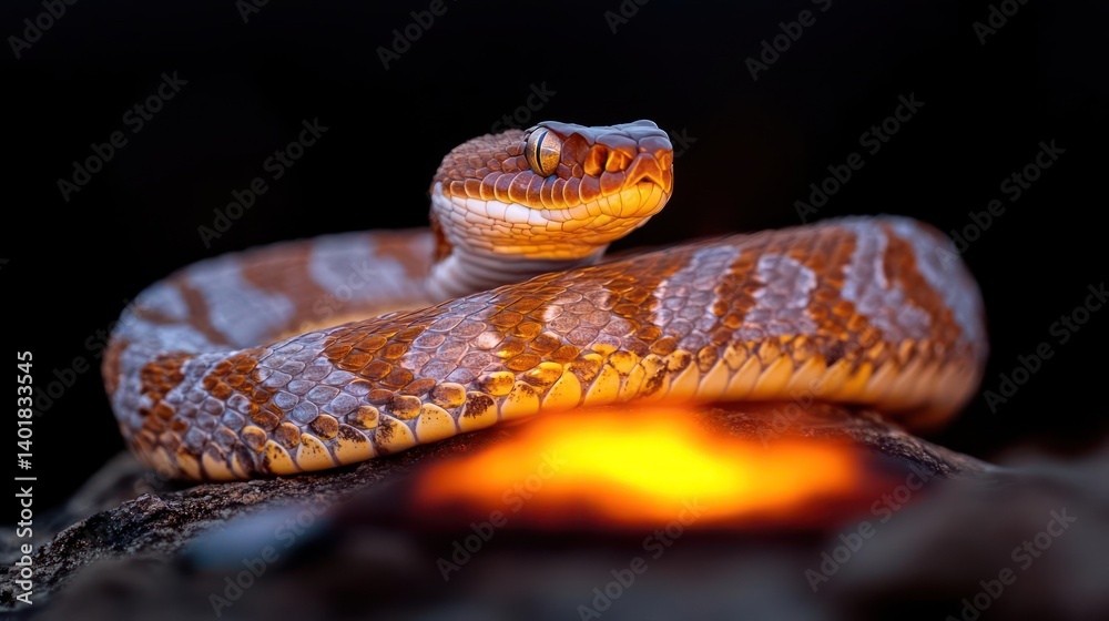 Poster close-up of a coiled rattlesnake with orange and tan scales, illuminated by a warm, glowing light ag
