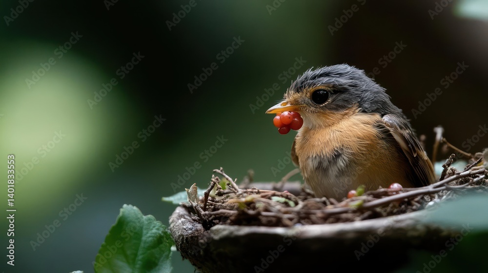 Fototapete close up shot of a small bird in a nest, perched with red berries in its beak. the bird features ora